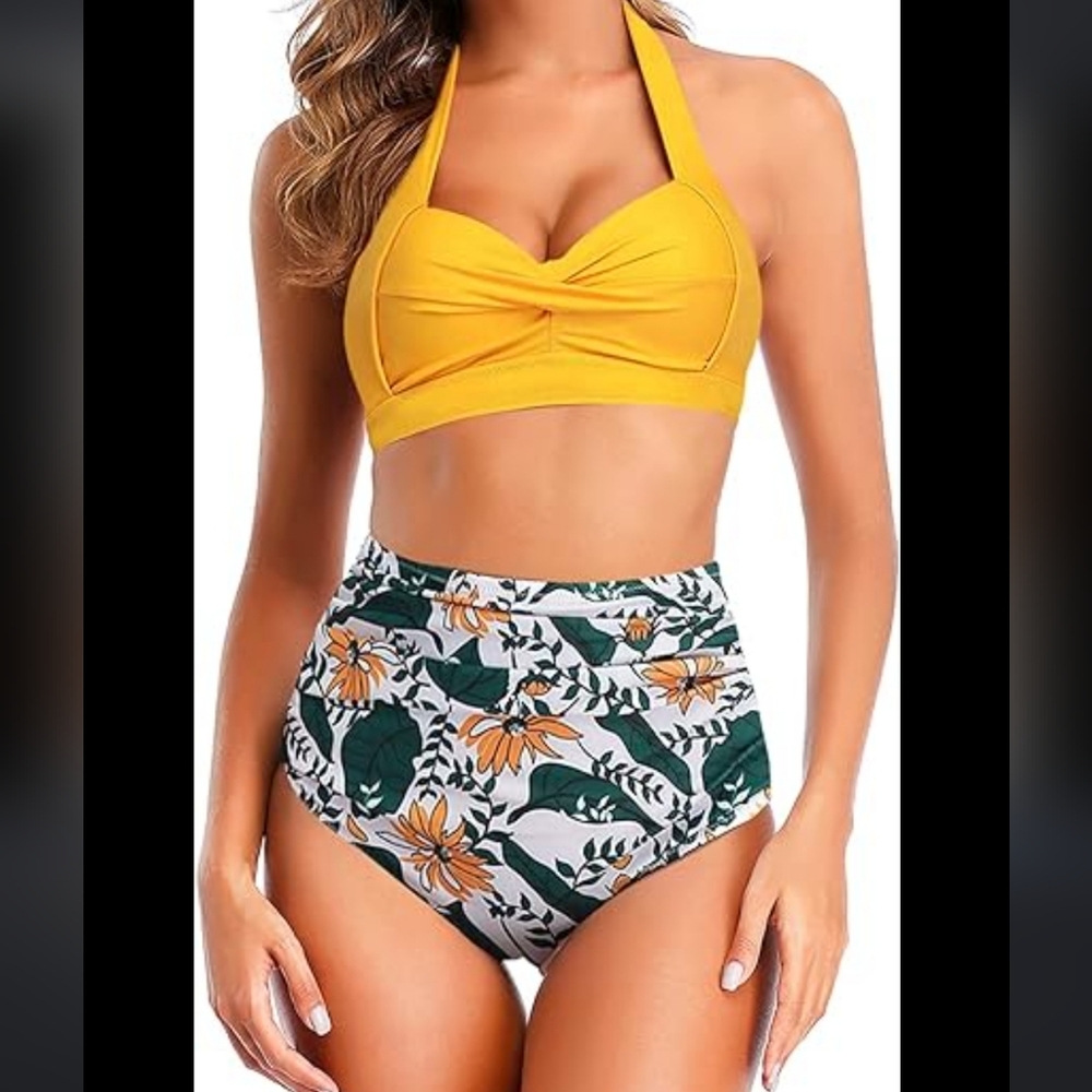 High-waisted swimsuit bottoms, Medium white with gray & yellow accents 💛 - Picture 2 of 7